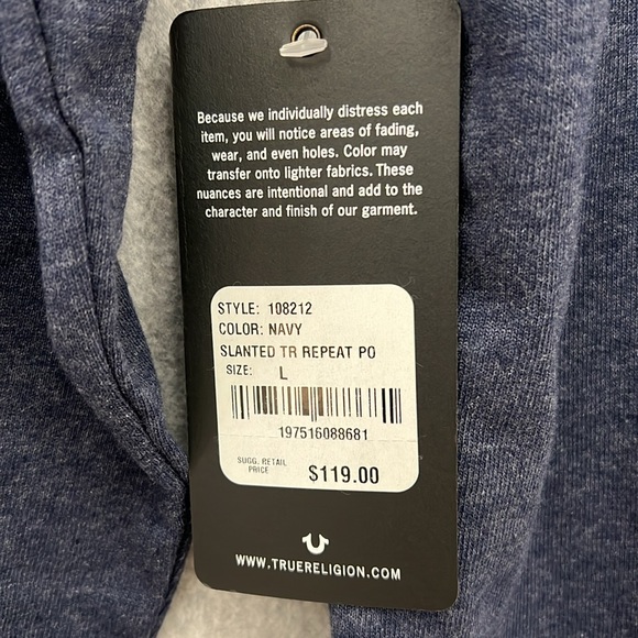 True Religion Mens Size Large Pullover Hoodie Blue TR Repeat Slant Logo Y2K NWT - Picture 10 of 11